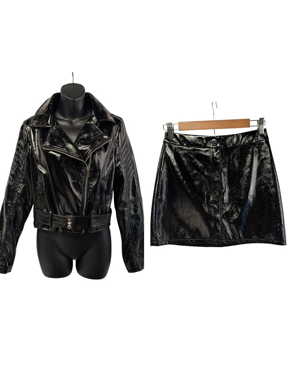Fashion Nova Black Faux Leather Moto Cropped Jacket + Mini Skirt Set Size S